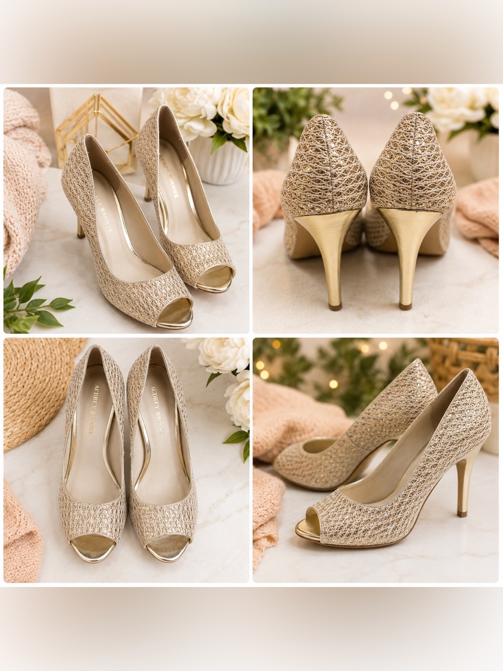 Audrey Brooke Gold Open-Toe Woven Pumps